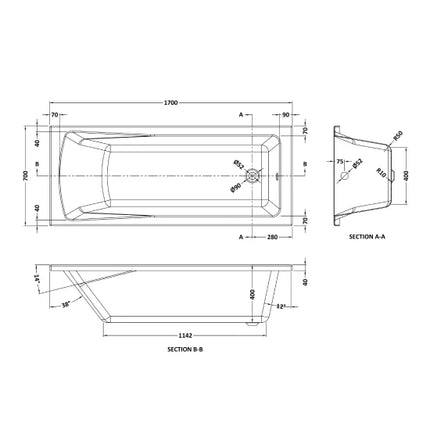 Nuie Lintone Square Straight Bath — Single Ended | 6 Sizes | European White Acrylic | Leg Set Included
