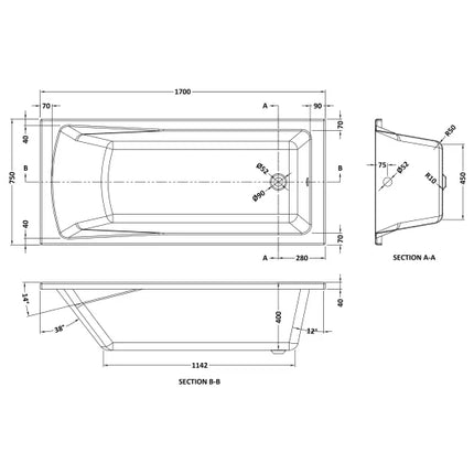 Nuie Lintone Square Straight Bath — Single Ended | 6 Sizes | European White Acrylic | Leg Set Included