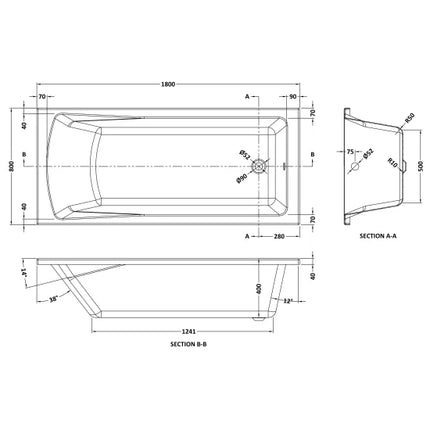 Nuie Lintone Square Straight Bath — Single Ended | 6 Sizes | European White Acrylic | Leg Set Included