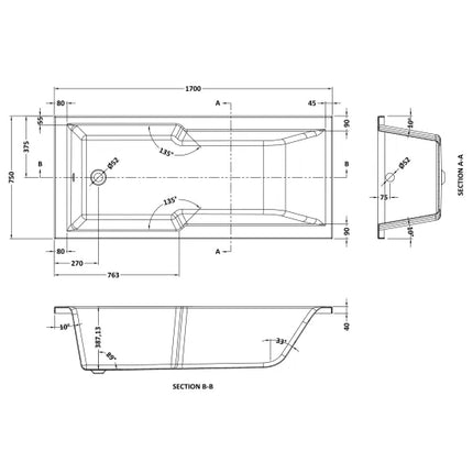 Nuie Square Single Ended Shower Bath with Legs — 1700 x 750mm | 4mm Acrylic | White