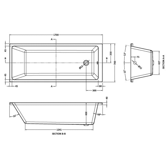 Nuie Thin Edge Square Bath with Leg Set | Single or Double Ended | 3 Sizes | White Acrylic