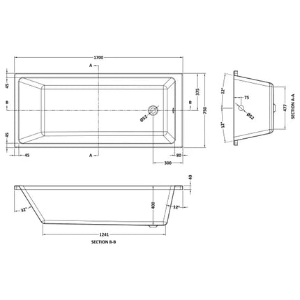 Nuie Thin Edge Square Bath with Leg Set | Single or Double Ended | 3 Sizes | White Acrylic