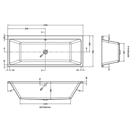 Nuie Thin Edge Square Bath with Leg Set | Single or Double Ended | 3 Sizes | White Acrylic