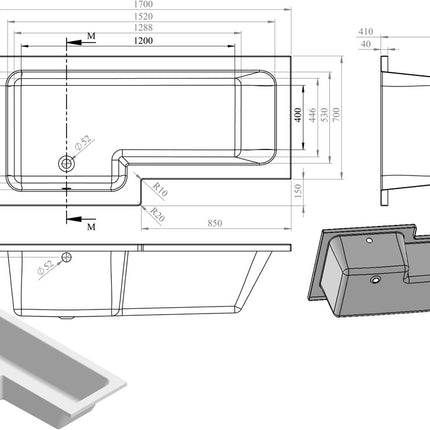 Aqua Elegance L-Shape 1700x700-850x410mm 0TH Shower Bath, Panel & Screen