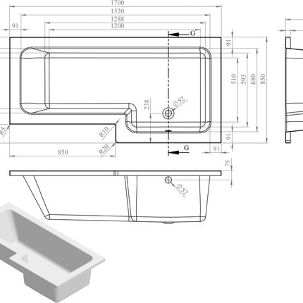 Aqua Elegance L-Shape 1700x700-850x410mm 0TH Shower Bath, Panel & Screen