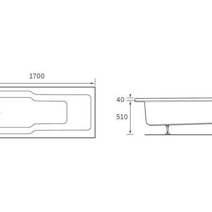 Opla Straight 1700x750x550mm 0TH "C" Shower Bath w/Legs