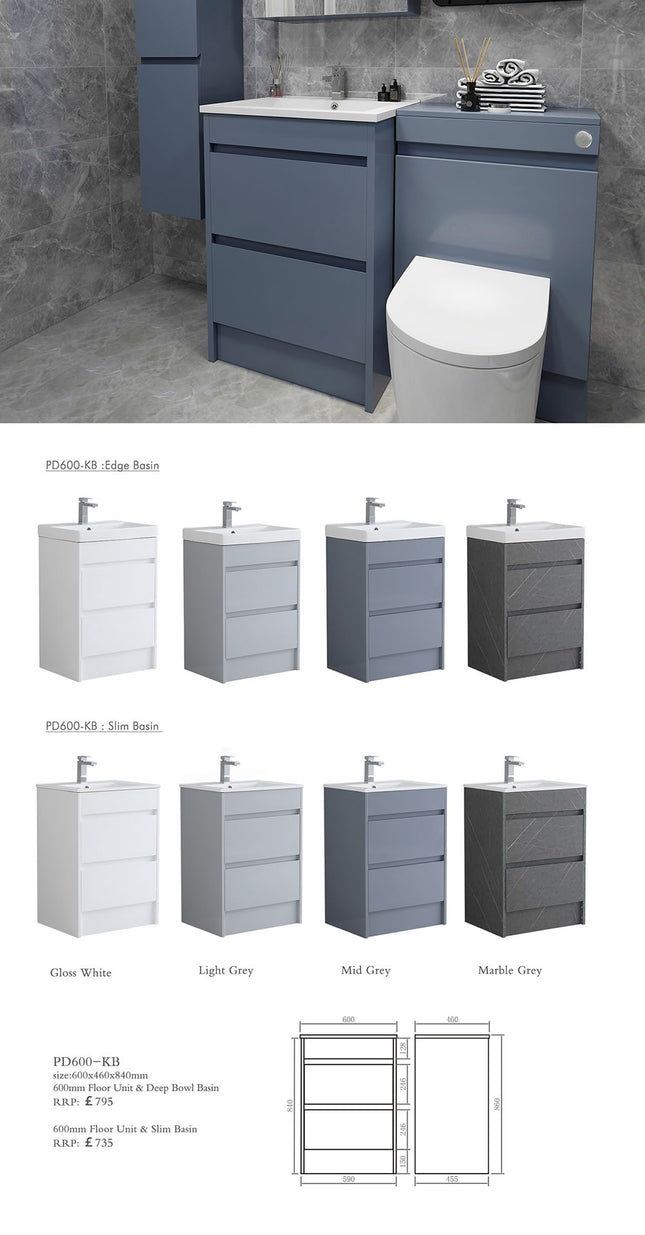 Sydney 600mm Waterproof Vanity Unit with Edge Basin - 2 Drawers
