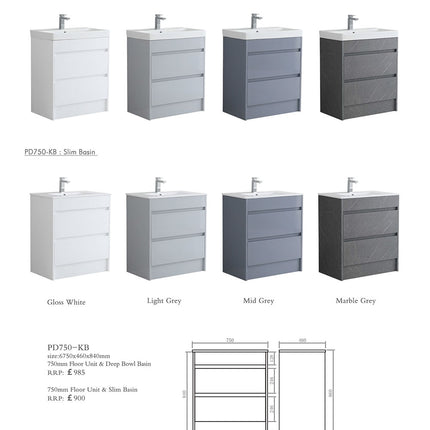 Sydney 750mm Waterproof Vanity Unit with Edge Basin - 2 Drawers