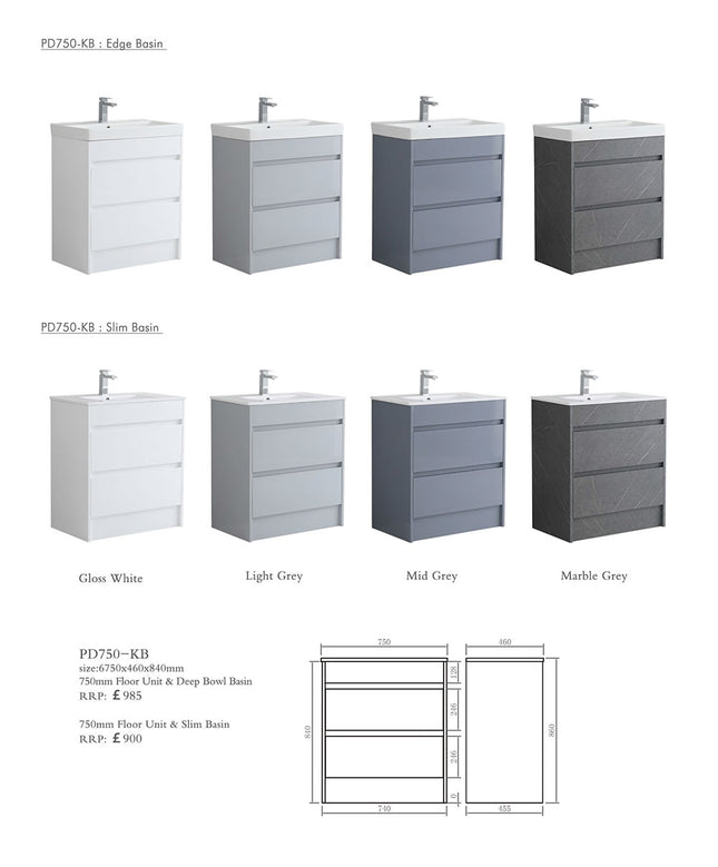 Sydney 750mm Waterproof Vanity Unit with Edge Basin - 2 Drawers