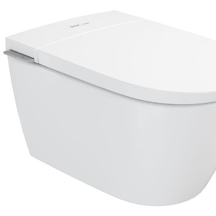 White wall-mounted toilet with a cover on a white background