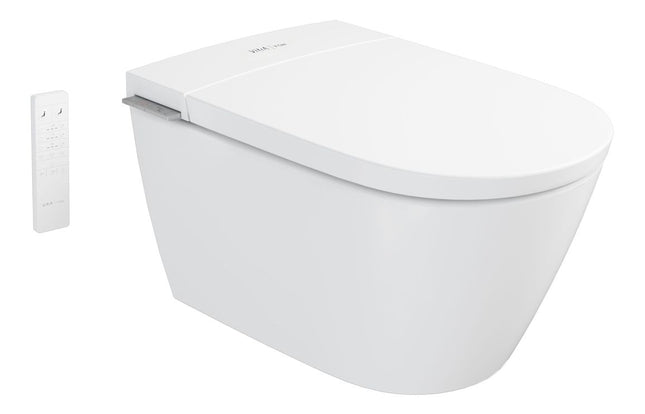 White wall-mounted toilet with a cover on a white background
