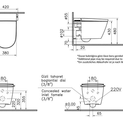 Technical drawing of a wall-mounted toilet with dimensions and specifications.