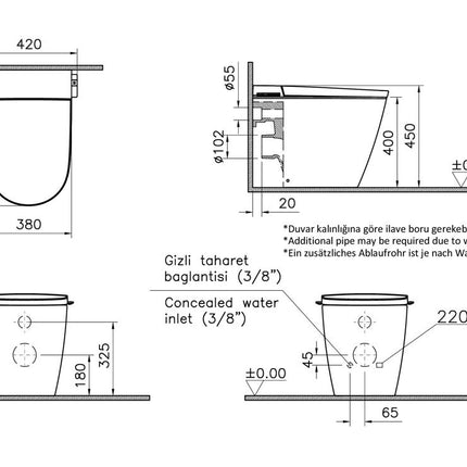 Technical drawing of a toilet with dimensions and specifications on a white background
