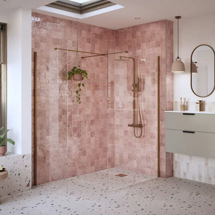 iKon Wetroom End Panel & Arm 1950mm - 8mm Toughened Safety Glass with 5-Year Guarantee Brushed Bronze