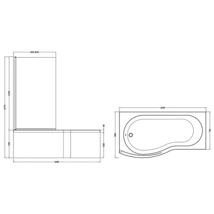 Nuie 1700mm B-Shaped Shower Bath with Screen, Front Panel & Leg Set | Left or Right Hand