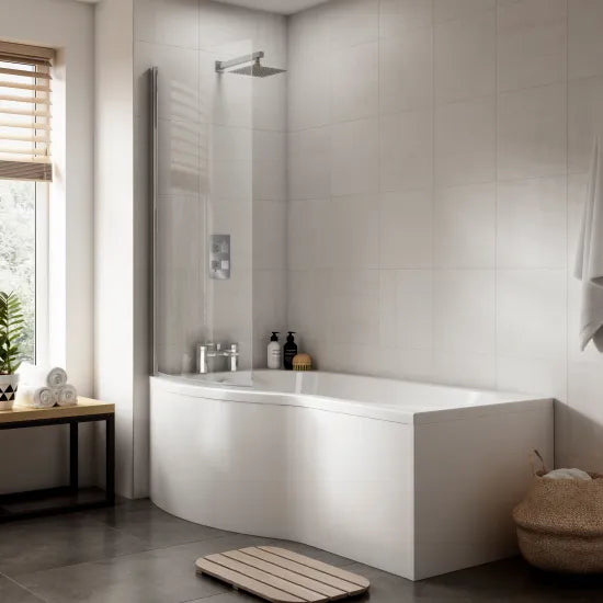 Nuie 1700mm B-Shaped Shower Bath with Screen, Front Panel & Leg Set | Left or Right Hand