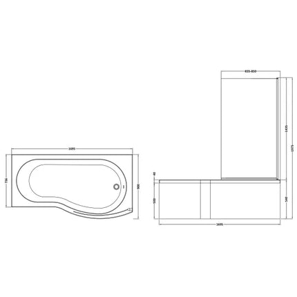 Nuie 1700mm B-Shaped Shower Bath with Screen, Front Panel & Leg Set | Left or Right Hand