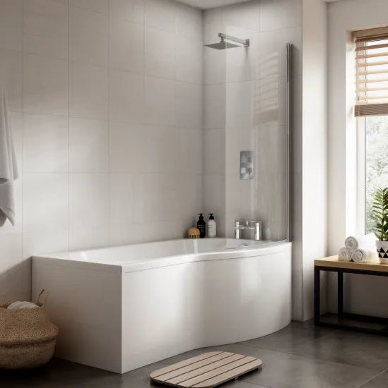 Nuie 1700mm B-Shaped Shower Bath with Screen, Front Panel & Leg Set | Left or Right Hand