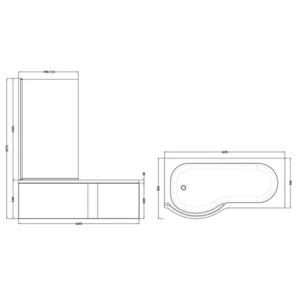 Nuie 1700mm P-Shaped Shower Bath with Screen, Front Panel & Leg Set | Left or Right Hand
