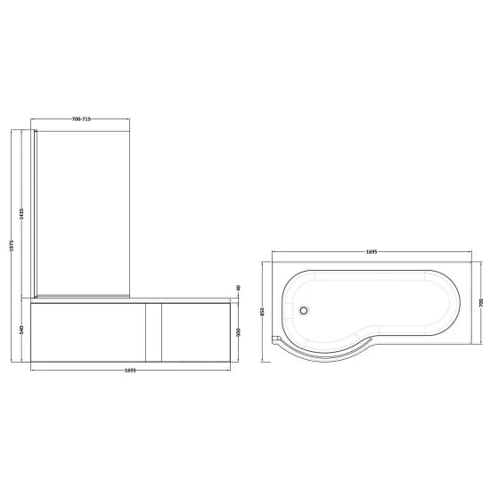 Nuie 1700mm P-Shaped Shower Bath with Screen, Front Panel & Leg Set | Left or Right Hand