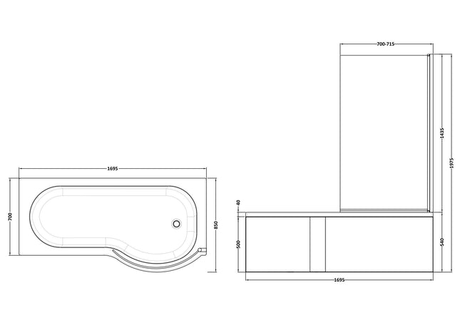 Nuie 1700mm P-Shaped Shower Bath with Screen, Front Panel & Leg Set | Left or Right Hand