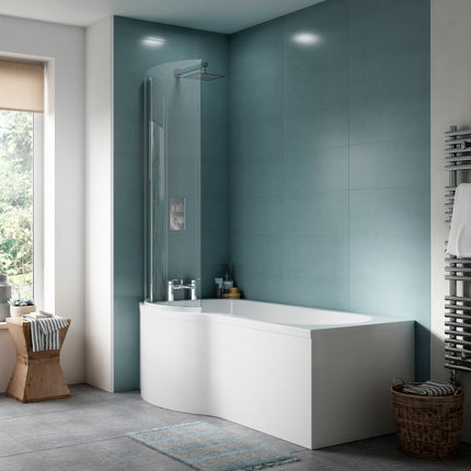 Nuie 1700mm P-Shaped Shower Bath with Screen, Front Panel & Leg Set | Left or Right Hand