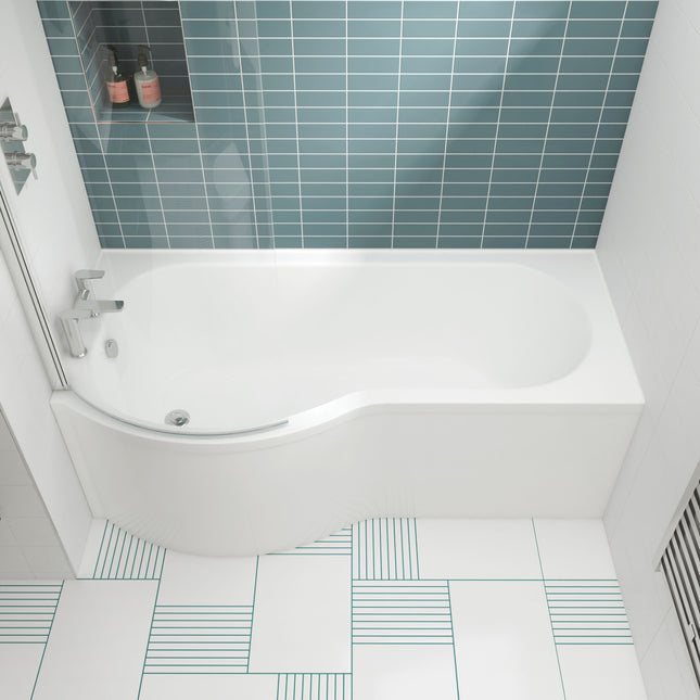 Nuie 1700mm P-Shaped Shower Bath with Screen, Front Panel & Leg Set | Left or Right Hand