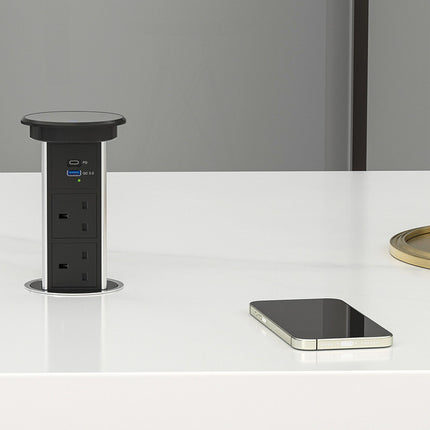 PowerTech Ascend Motorised Pop-Up Socket | 2 UK Sockets + USB-A, USB-C & Qi | Silver