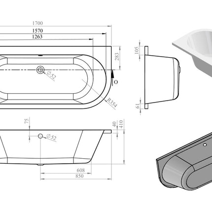 Chimayo Back To Wall 1700x750x600mm 0TH Bath w/Legs