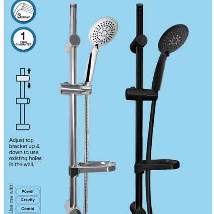 Euroshowers SilverJet 3-Spray Shower Slide Rail Set | 740mm | Chrome or Black