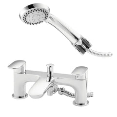 Chrome bathtub faucet with handheld shower head on a white background