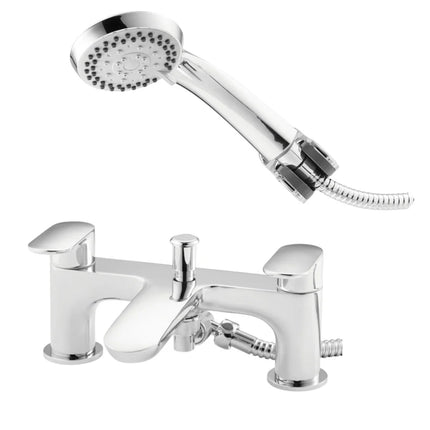 Chrome bathtub faucet with handheld shower head on a white background