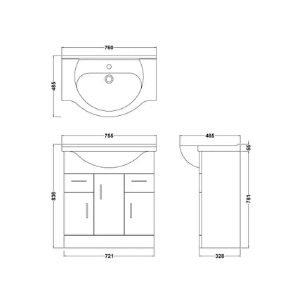 Nuie Mayford Floor-Standing Vanity Unit with Round Basin | White | 450–1200mm