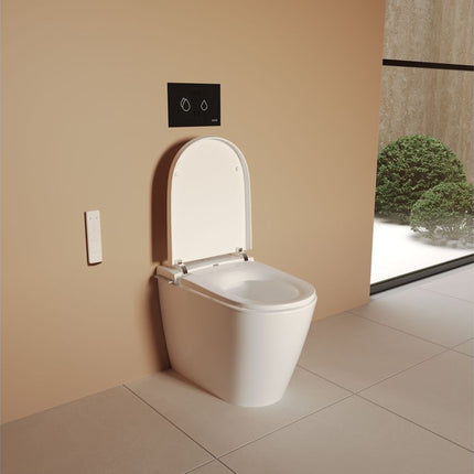 White toilet in a bathroom with beige walls and floor.