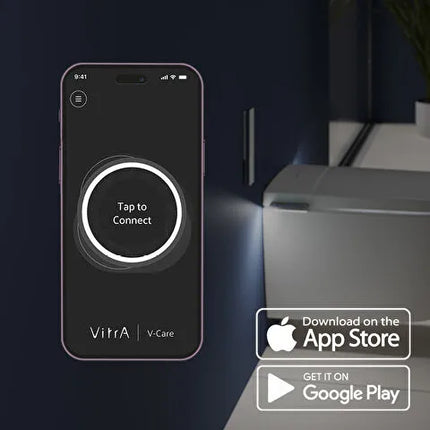 Smartphone displaying 'Tap to Connect' screen with Vitra V-Care app interface on a dark background.