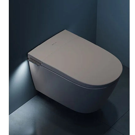 Modern toilet bowl with closed lid in a darkly lit bathroom