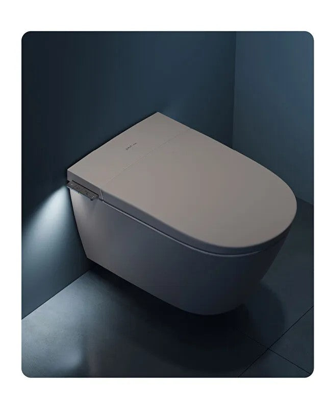 Modern toilet bowl with closed lid in a darkly lit bathroom