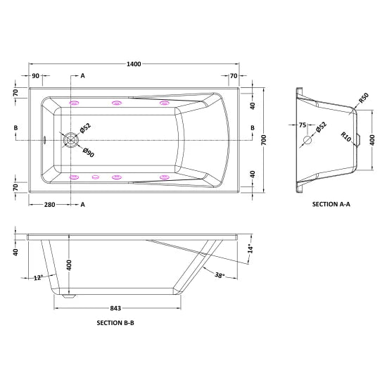 Nuie Choice Single Ended 6 Jet Square Whirlpool Bath
