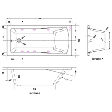 Nuie Choice Single Ended 6 Jet Square Whirlpool Bath