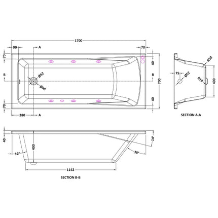 Nuie Choice Single Ended 6 Jet Square Whirlpool Bath