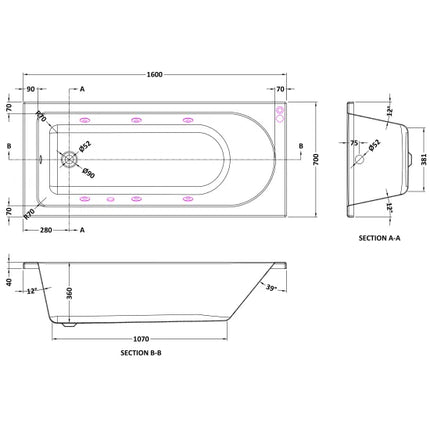 Nuie Single Ended Whirlpool Bath with 6 Chrome Jets – Choice of 3 Sizes