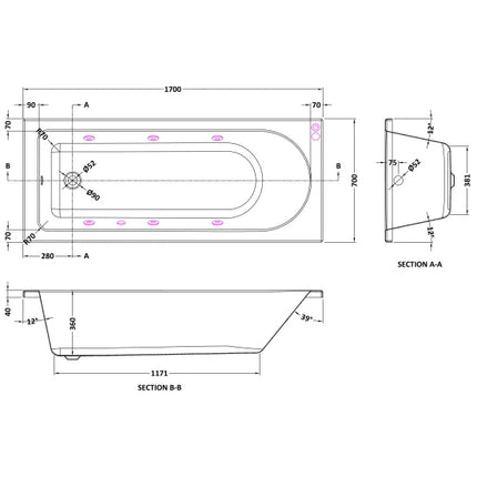 Nuie Single Ended Whirlpool Bath with 6 Chrome Jets – Choice of 3 Sizes
