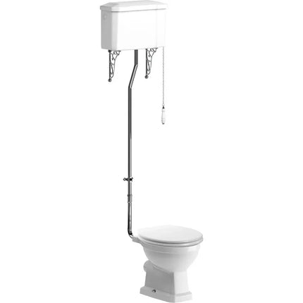 Traditional High Level WC with Soft Close Seat - White | Chain Pull Flush | Lifetime Guarantee Chrome