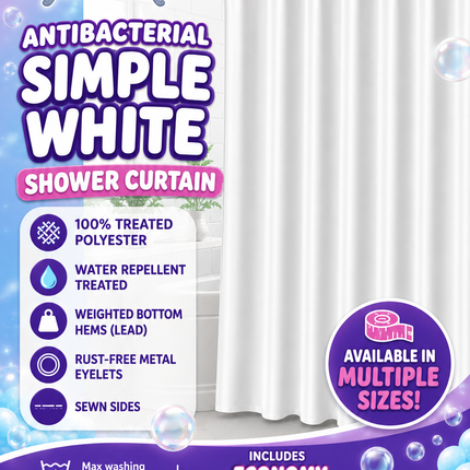 Antibacterial Simple White Shower Curtain | 100% Polyester | 6 Sizes | Metal Eyelets