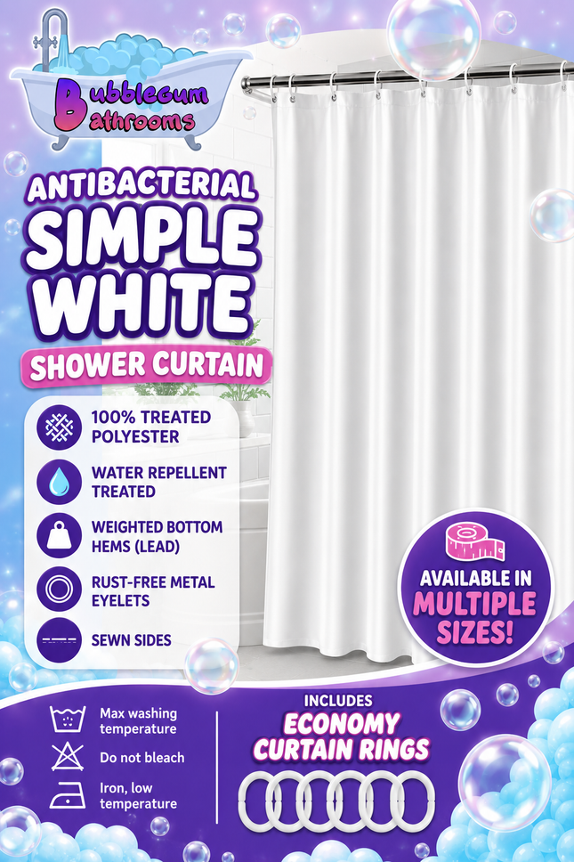 Antibacterial Simple White Shower Curtain | 100% Polyester | 6 Sizes | Metal Eyelets