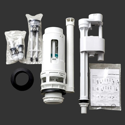 A toilet fill valve replacement kit laid out on a light beige textured surface, including a white cylindrical fill valve, a vertical tube, a bracket assembly, a black gasket, small plastic fittings in a clear bag, and a printed instruction sheet.