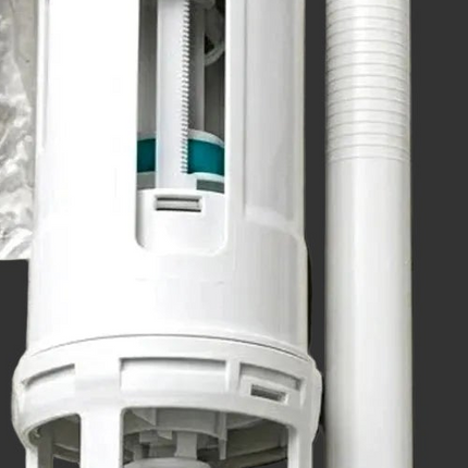 White plastic toilet filler or cistern component with a vertical tube assembly, shown against a dark gray background.