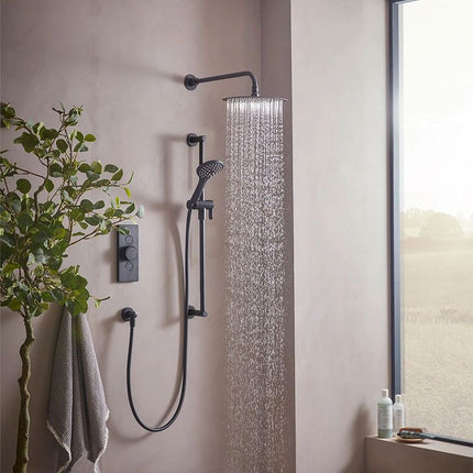 Tavistock Axiom Dual Function Push Button Thermostatic Shower System – Matt Black | 250mm Head | 10-Year Guarantee