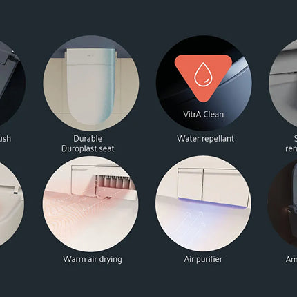 Various features of a smart toilet with icons and text on a dark background