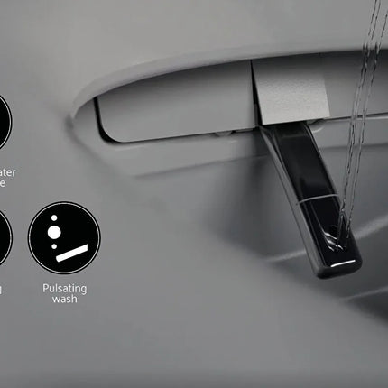 Toilet seat with water spray features and warranty information on a gray background